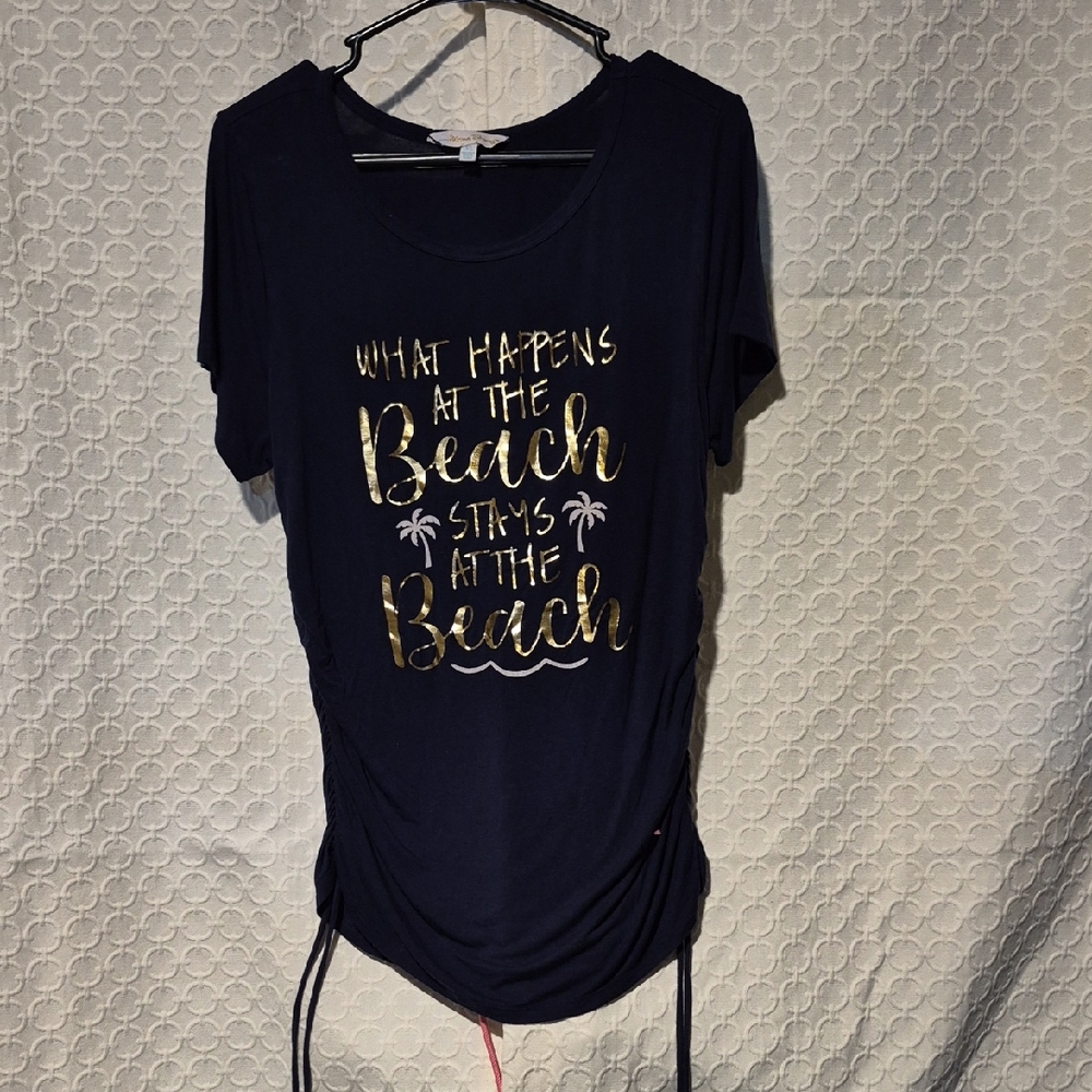 Island Shores XL Navy T-Shirt with Gold Beach Print and Gathered Sides